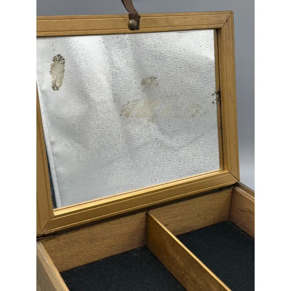 Gilt Wood Mirrored Jewelry Box Framed Pastoral Art Divided Vanity Keepsake